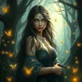 Yennefer in a mystical forest, surrounded by glowing fairies and ancient trees, her eyes reflecting the magical aura