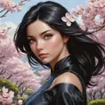 Cassandra Cain, depicted in a serene garden with blooming cherry blossoms, her eyes reflecting the soft pink petals, a gentle breeze lifting her raven hair.