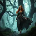 Triss in a misty, enchanted forest, her robes flowing as she walks among ancient trees, her eyes sparkling with magical knowledge