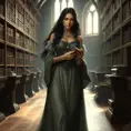 Yennefer in a grand library, her hands gently touching ancient books as she walks, the light from a nearby window casting a soft glow on her face