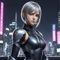 A stunning portrait of A2 from Nier Automata, set against a backdrop of a futuristic cityscape at dusk, with neon lights reflecting off her sleek, angular armor.