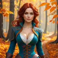 Triss in a vibrant, autumnal forest, her hair matching the fiery colors of the leaves as she walks a leaf-strewn path