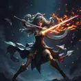 Kassandra in a dramatic night battle under the stars, her movements illuminated by sparks from her weapons, capturing her fierce and dynamic fighting style