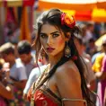 Kassandra in a vibrant, colorful festival in Greece, blending in with the joyous crowd, yet still maintaining her warrior's alertness