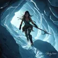 A dynamic scene of Lara Croft navigating a treacherous ice cave, her ice pick and crampons in use, with ice formations glittering in the light.