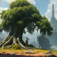 A2 in a moment of contemplation, leaning against a massive, ancient tree, the scene transitioning from lush greenery to a desolate, mechanical wasteland.