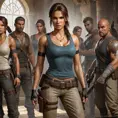 Lara Croft in a tense standoff with a group of mercenaries, her stance defensive, with old-world artifacts and weapons scattered around the room.