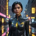 Cassandra Cain in a dramatic, cinematic style, standing on a rain-soaked street, the neon lights of Gotham City reflecting in puddles at her feet.