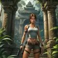 Lara Croft in a classic adventure pose, her iconic dual pistols drawn, standing before an ancient, ornate temple entrance hidden in a dense jungle.