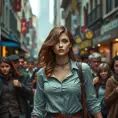 Triss in a bustling city street, her attire both practical and stylish as she navigates the crowd with ease