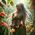 Ciri in a lush garden filled with exotic flowers and fluttering butterflies, her hair flowing gently in the breeze