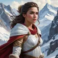 Kassandra in a snowy mountain landscape, her breath visible in the cold air, navigating through treacherous terrain, showcasing her resilience and survival skills