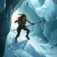 A dynamic scene of Lara Croft navigating a treacherous ice cave, her ice pick and crampons in use, with ice formations glittering in the light.