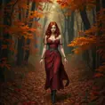 Triss in a vibrant, autumnal forest, her hair matching the fiery colors of the leaves as she walks a leaf-strewn path