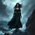 Yennefer in a dramatic, stormy sea setting, her hair and robes whipped by the wind as she stands on a rocky cliff