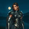 Kassandra on a quiet evening by a serene lake, her armor reflecting the moonlight, creating a peaceful yet powerful portrait of her character