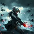 A cinematic scene where A2 is surrounded by a swarm of enemy drones, her weapon drawn, with a dramatic spotlight highlighting her against the dark, stormy sky.