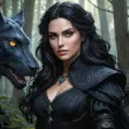 Yennefer in a dark, enchanted forest, her eyes glowing with magical energy as she confronts a mythical creature