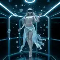 A2 in a virtual reality space, her form surrounded by floating geometric shapes and digital particles, symbolizing her connection to the digital world.