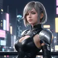 A stunning portrait of A2 from Nier Automata, set against a backdrop of a futuristic cityscape at dusk, with neon lights reflecting off her sleek, angular armor.