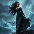 Yennefer in a dramatic, stormy sea setting, her hair and robes whipped by the wind as she stands on a rocky cliff