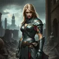 Ciri in a battle-worn armor, standing amidst the ruins of a once-great city, her expression resolute and determined