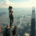 A2 standing atop a ruined skyscraper, the horizon behind her a blend of natural landscapes and the metallic structures of a post-apocalyptic world.