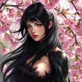 Cassandra Cain, depicted in a serene garden with blooming cherry blossoms, her eyes reflecting the soft pink petals, a gentle breeze lifting her raven hair.