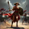 Kassandra in a dramatic battle scene, fighting against a group of Spartan soldiers, her spear and shield in action, emphasizing her skilled combat techniques