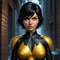 Cassandra Cain in a classic comic book style, rendered in vibrant colors, standing in a dark alley with a single beam of light highlighting her determined face.