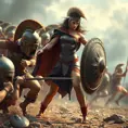 Kassandra in a dramatic battle scene, fighting against a group of Spartan soldiers, her spear and shield in action, emphasizing her skilled combat techniques