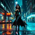 Cassandra Cain in a dramatic, cinematic style, standing on a rain-soaked street, the neon lights of Gotham City reflecting in puddles at her feet.