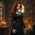 Triss Merigold from The Witcher 3, standing in a cozy, candlelit study filled with books and potions, her red hair cascading over her shoulders