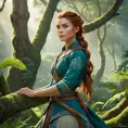 Aloy, in a lush, green valley, surrounded by towering, ancient trees, her face lit by the soft, diffused light of the forest, her pose relaxed yet ready, the environment serene and peaceful