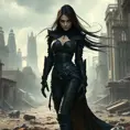 A fierce female vampire, clad in black leather armor, standing in a desolate, post-apocalyptic cityscape, her eyes piercing through the shadows, a gust of wind stirring her long, raven hair.