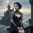 An ethereal female vampire, her skin pale as snow, adorned with intricate tattoos that shimmer in the moonlight, perched atop a crumbling castle turret, overlooking a misty, medieval landscape.