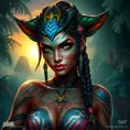 A stunning portrait of Nidalee from League of Legends, rendered in vibrant colors with intricate details of her tribal tattoos and the majestic jungle cat features, set against a backdrop of a lush, misty Amazon rainforest at dawn.