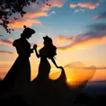 A romantic evening setting with Princess Jasmine and Aladdin, silhouetted against the sunset, Jasmine in a flowing gown, her hand held gently by Aladdin's.