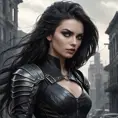 A fierce female vampire, clad in black leather armor, standing in a desolate, post-apocalyptic cityscape, her eyes piercing through the shadows, a gust of wind stirring her long, raven hair.