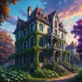 A surreal landscape where Poison Ivy vines twist and turn, creating a living tapestry against a backdrop of a crumbling Gothic mansion, the sky painted with hues of deep purple and blue.