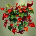 An abstract depiction of Poison Ivy, its leaves morphing into fluid shapes that intertwine and dance, colors shifting from deep green to fiery red as if alive with movement.