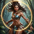 Create an image of Nidalee in her warrior stance, her spear held high, with a dynamic lighting effect that highlights her muscular physique and the wild, untamed mane of her hair, surrounded by a circle of glowing tribal symbols.