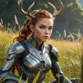 Aloy, crouched low in a field of tall grass, her eyes alert, a sleek, metallic machine deer grazing nearby, the environment rich with color and detail, emphasizing her camouflage and stealth