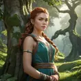 Aloy, in a lush, green valley, surrounded by towering, ancient trees, her face lit by the soft, diffused light of the forest, her pose relaxed yet ready, the environment serene and peaceful