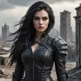 A fierce female vampire, clad in black leather armor, standing in a desolate, post-apocalyptic cityscape, her eyes piercing through the shadows, a gust of wind stirring her long, raven hair.