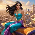 A vibrant scene of Princess Jasmine riding on a magic carpet, her hair flowing in the wind, with the bustling city of Agrabah spread out below her.