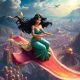 A vibrant scene of Princess Jasmine riding on a magic carpet, her hair flowing in the wind, with the bustling city of Agrabah spread out below her.