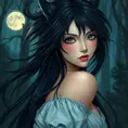 A stunning portrait of Princess Mononoke, with her wild, black hair flowing around her shoulders, set against a backdrop of dense, mystical forest, illuminated by moonlight.