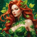 An abstract depiction of Poison Ivy, its leaves morphing into fluid shapes that intertwine and dance, colors shifting from deep green to fiery red as if alive with movement.