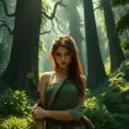 Aloy, in a lush, green valley, surrounded by towering, ancient trees, her face lit by the soft, diffused light of the forest, her pose relaxed yet ready, the environment serene and peaceful